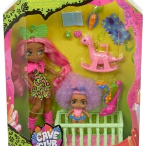 Set de joacă Babysitter Cave Club Mattel – Fernessa & Furrah | Păpuși Preistorice cu Leagăn Dinozaur