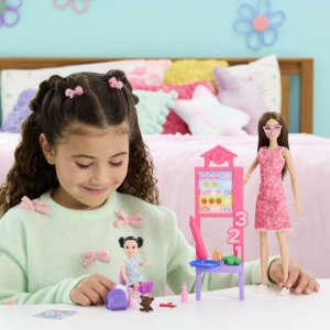 Set de joacă papusa Barbie bruneta cu rochie roz, 32.5cm, 19x6.5cm - Img 4