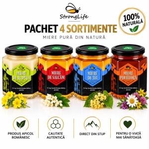Pachet 4 sortimente de miere naturală StrongLife – salcâm, tei, rapiță și polifloră – 4 × 350g - Img 3
