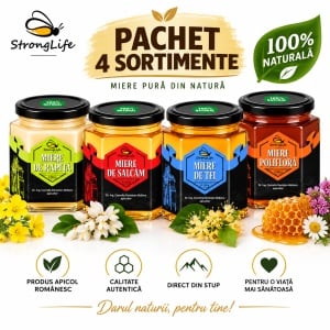 Pachet 4 sortimente de miere naturală StrongLife – salcâm, tei, rapiță și polifloră – 4 × 350g - Img 2