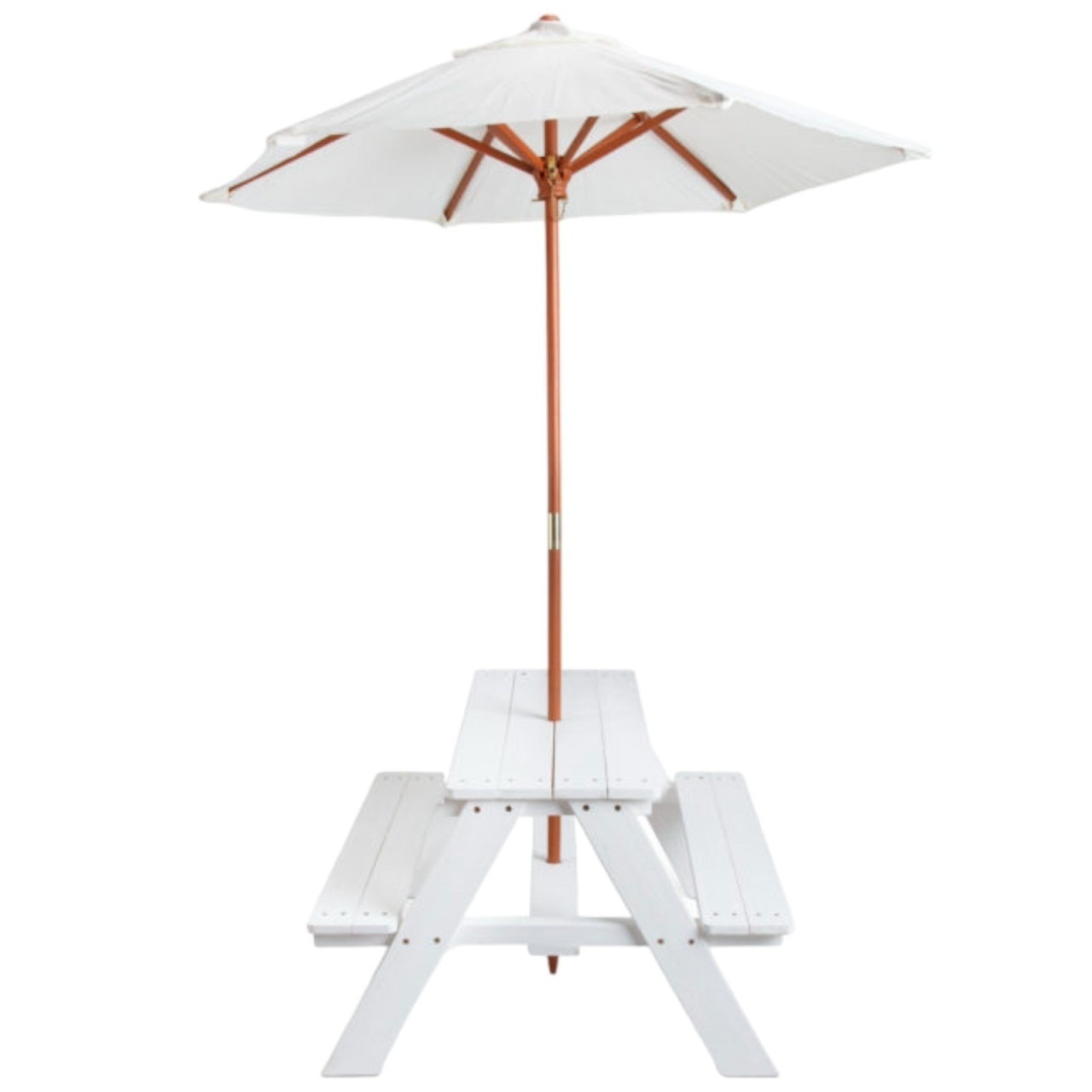 Set de grădină, măsuță de picnic pentru copii (3+ ani), umbrelă anti-UV 30+, lemn, jocuri în aer liber, alb, 89×79×50 cm.