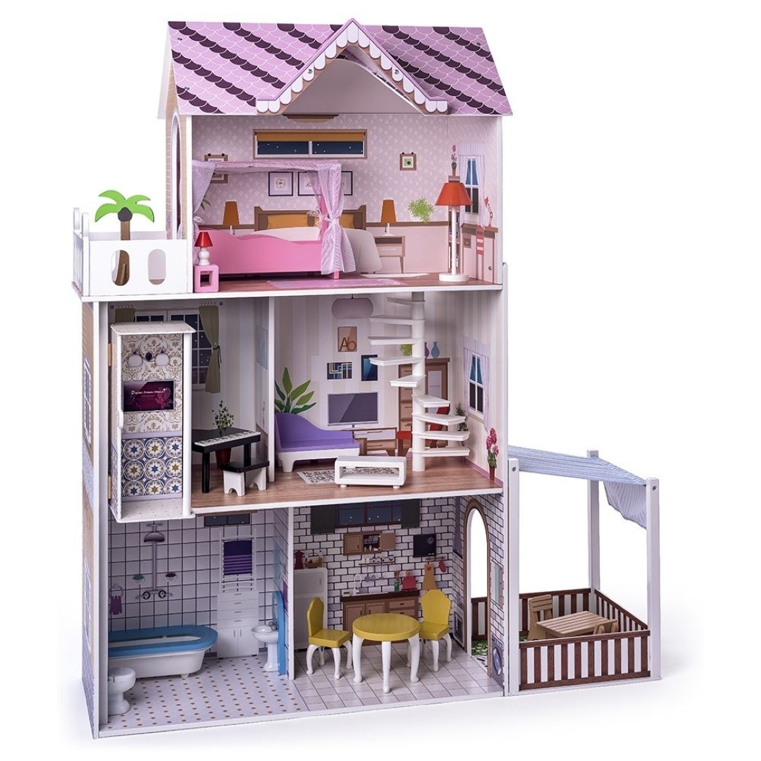 Casă de păpuși din lemn cu mobilier și lift, Malibu