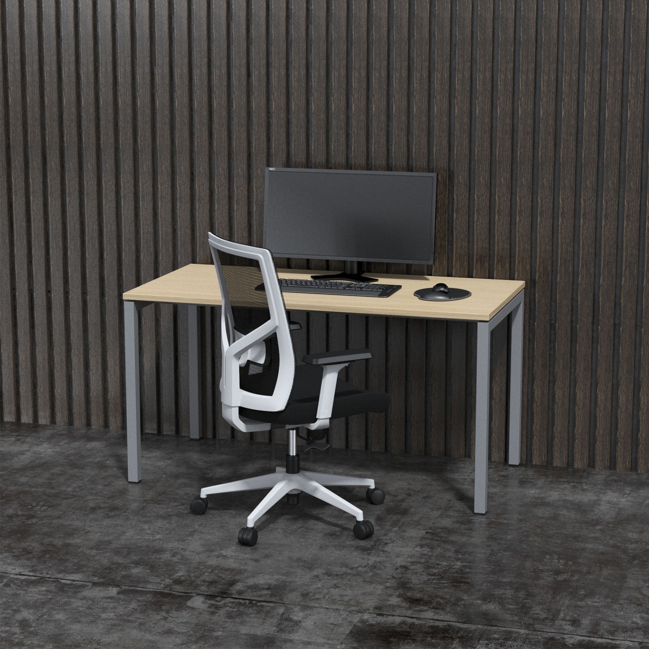 Birou Nova U de la Narbutas cu dimensiuni 1400x700x740 mm, fabricat din melamin stejar albit cu picior metalic gri tip U.