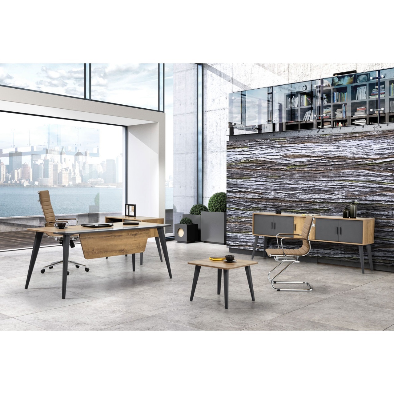 Birou RFG Seattle, blat din stejar caucazian, elemente metalice în antracit, dimensiuni 1800 x 800 x 750 mm.