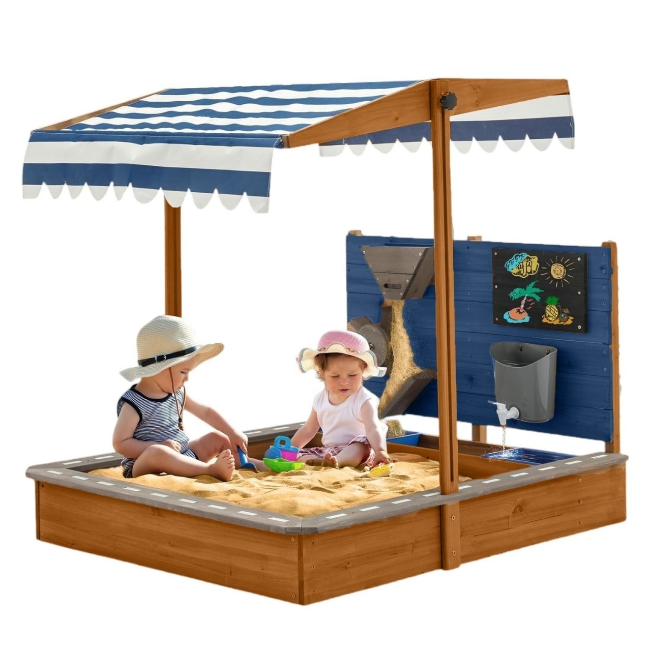 Cutie de nisip din lemn pentru copii - cu acoperiș reglabil, accesorii de joacă 120x120x120 cm – ideală pentru curte și grădină