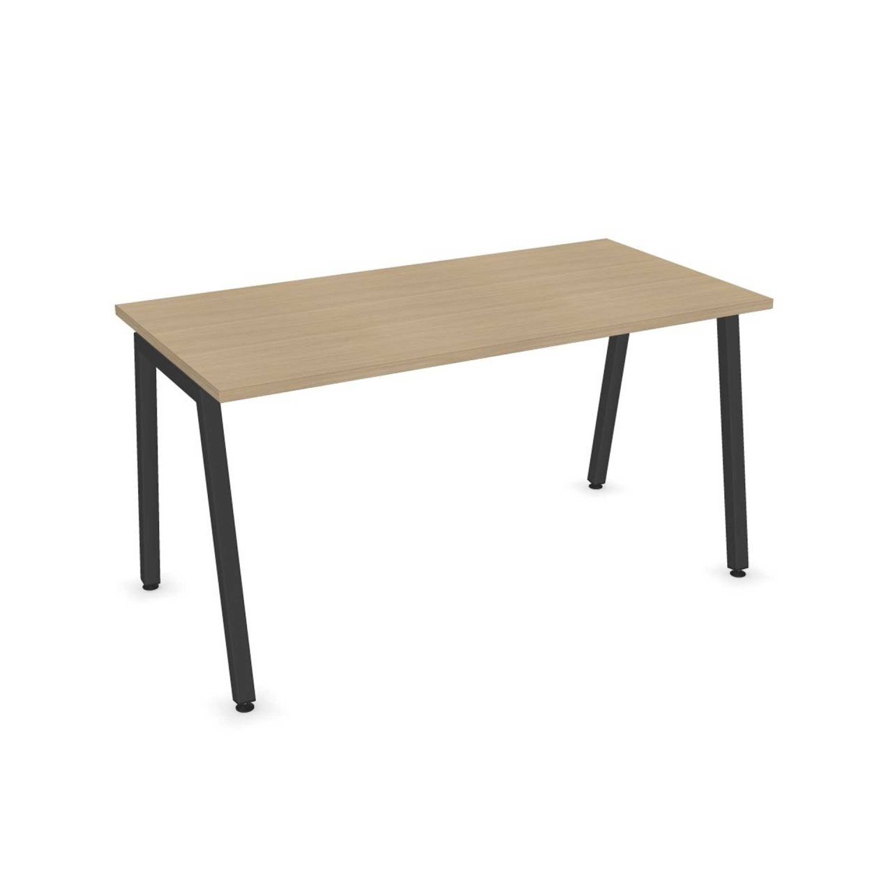 Birou Nova A de la Narbutas cu dimensiuni 1400 x 700 x 740 mm, fabricat din melamină stejar albit cu picior metalic tip A gri închis.