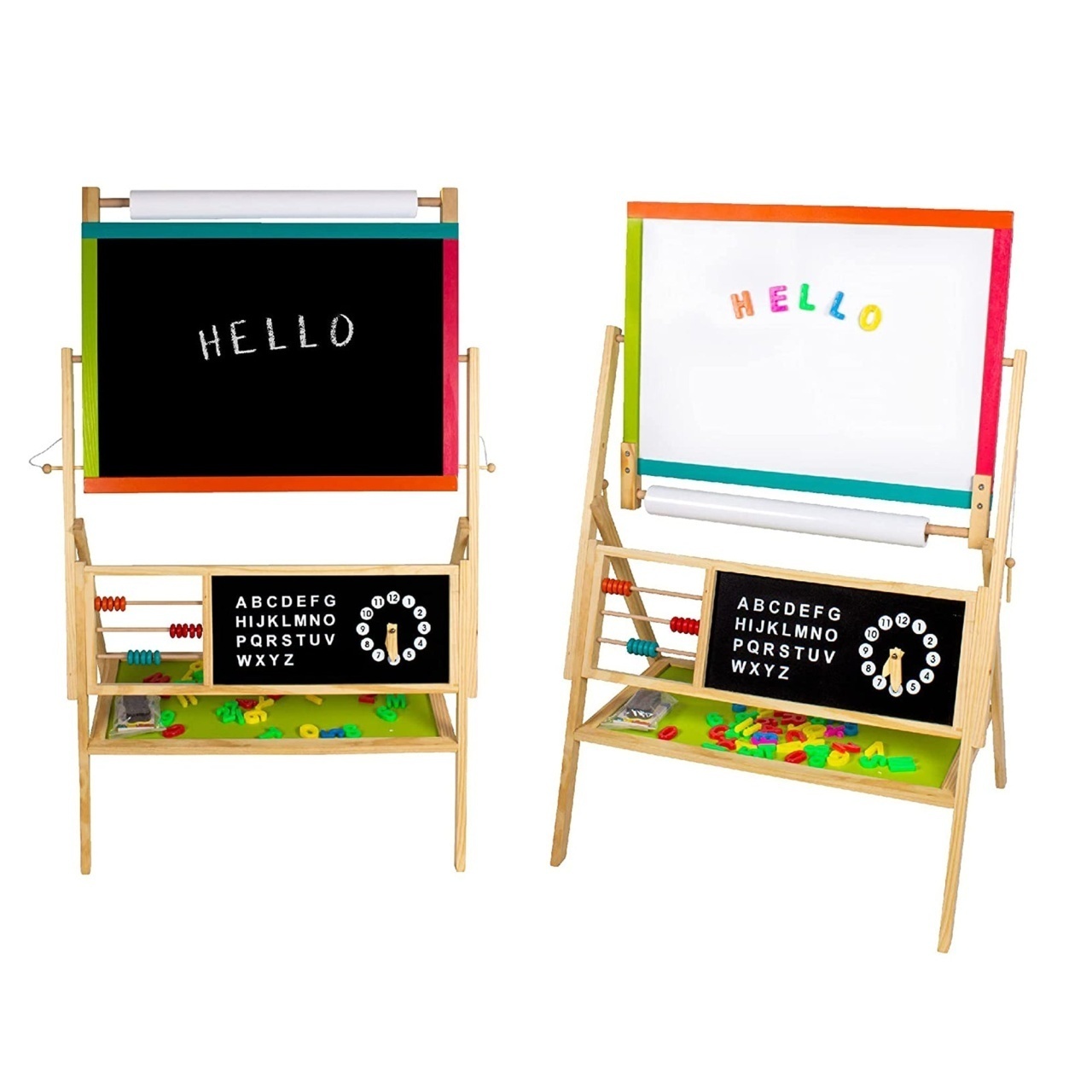Tablă educațională din lemn natural – suport 3 în 1 – tablă neagră, tablă magnetică, tablă albă cu accesorii