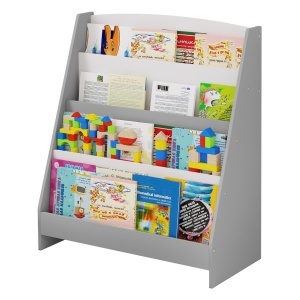 Etajeră pentru copii pentru cărți și reviste, bibliotecă cu rafturi, din lemn – secțiune material natural - alb și gri