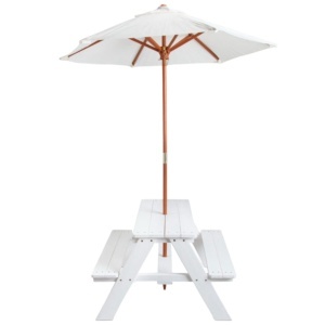 Set de grădină, măsuță de picnic pentru copii (3+ ani), umbrelă anti-UV 30+, lemn, jocuri în aer liber, alb, 89×79×50 cm.