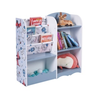 Organizator din lemn pentru copii, etajeră cu rafturi pentru jucării și cărți Dogs