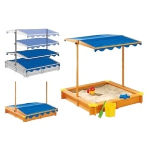 Cutie de nisip pentru copii, cu copertină reglabilă impermeabilă anti-UV 30, din lemn, 112×112 cm