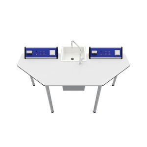 Masă de laborator pentru chimie și biologie Quin, albastru-alb, 170 x 70 x 75 cm, peste clasa a VII-a, RFG.