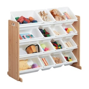 Organizator pentru jucării – 16 cutii detașabile, lemn și alb, 107x78 cm
