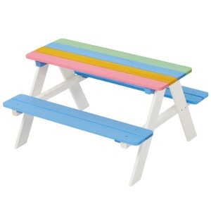 Măsuță de picnic pentru copii cu bănci, de grădină, din lemn – material natural, jocuri în aer liber, rainbow, 89×79×50 cm.