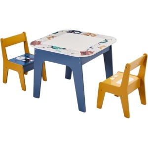 Măsuță pentru copii cu 2 scăunele (confortabile și stabile), reversibilă, pentru desen și pentru construit cu piese tip LEGO