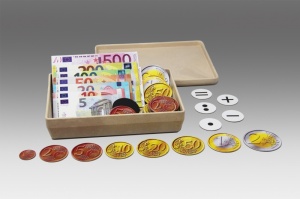 Bani euro didactici magnetici pentru tabla neagră (100 bucăți), în cutie RE-Wood® - Img 2