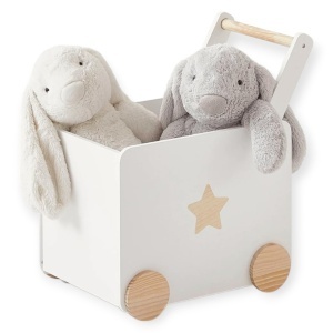 Cutie pentru jucării - cu roți pentru împins, din lemn – material natural, albă, 38×45×54 cm.