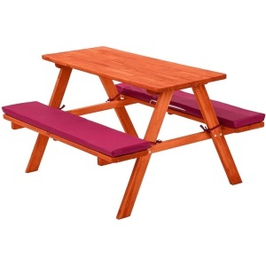 Măsuță de picnic pentru copii cu bănci și perne moi, de grădină, din lemn – material natural, 89×79×50 cm.