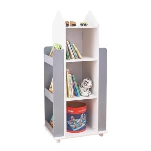 Raft rotativ 360 de grade tip rachetă cu 4 niveluri, din lemn – material natural – pentru depozitarea cărților și jucăriilor, alb/gri