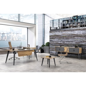 RFG Birou Seattle, blat din stejar caucazian, elemente metalice în antracit, dimensiuni 1600 x 800 x 750 mm.