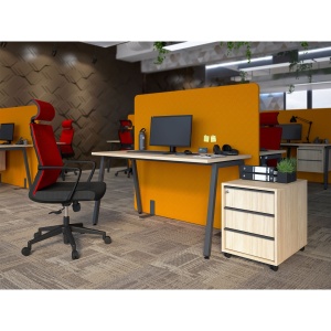 Birou Nova A de la Narbutas, cu dimensiunile 140 x 70 x 74 cm, fabricat din melamină stejar chihlimbar cu picior metalic gri închis. - Img 4