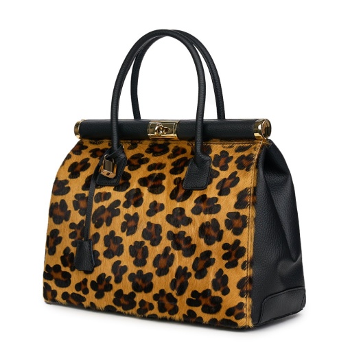 Bianca, természetes bőr táska, fekete/animal print