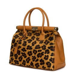 Bianca, természetes bőr táska, konyakszín/animal print - Img 1