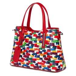 Geanta dama din piele Mariella cu model multicolor, manere rosii - Img 1