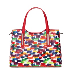 Geanta dama din piele Mariella cu model multicolor, manere rosii - Img 2