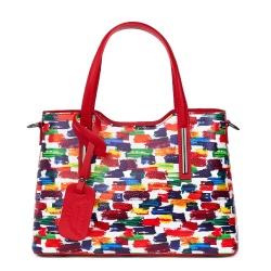 Geanta dama din piele Mariella cu model multicolor, manere rosii - Img 4