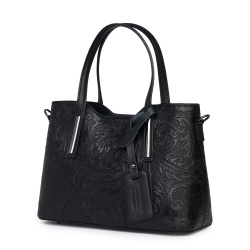 Geanta din piele naturala cu model floral Samantha neagra - Img 1