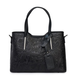 Geanta din piele naturala cu model floral Samantha neagra - Img 4