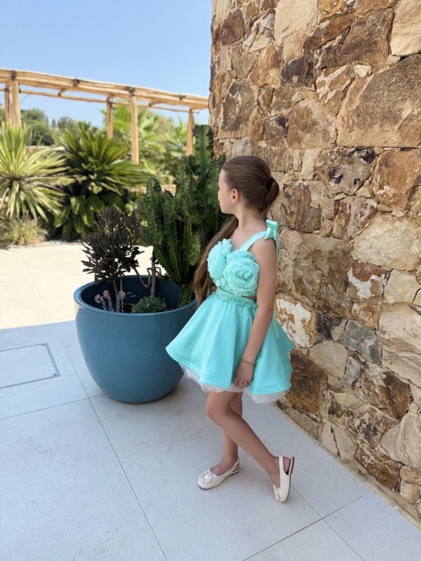 Set 2 piese elegant fete – fustă cloș & top ajustabil cu flori mentă pentru ocazii, Amira