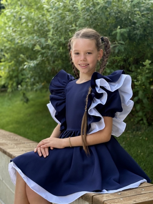 Rochie uniformă școlară fete bleumarin cu volane și căptușeală din bumbac – Academy Look