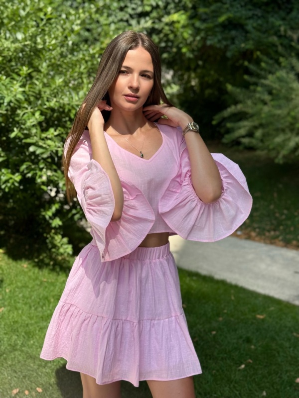 Compleu damă vară bumbac roz – fustă lejeră și crop top cu volane, Rozalia