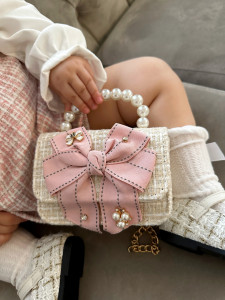 Beige Girls’ Handbag with Oversized Pink Bow, Bow - Img 2