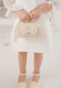 Beige Girls’ Handbag with Pearl Bow, Pearl - Img 5