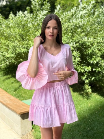 Compleu damă vară bumbac roz – fustă lejeră și crop top cu volane, Rozalia - Img 11