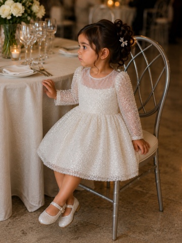 Rochie albă couture elegantă pentru fete cu perle, pietre și fundă detașabilă – Ophelia - Img 3