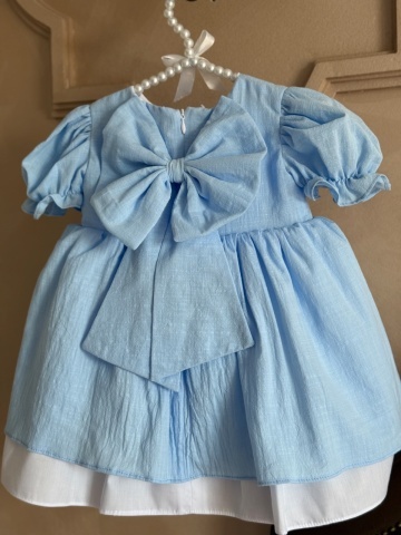 Rochie fete bumbac baby blue cu fundiță și mâneci bufante scurte, Muse