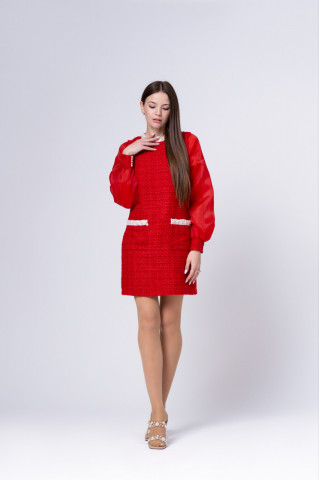 Rochie roșie din tweed cu maneci bufante din organza, Vanessa - Img 3