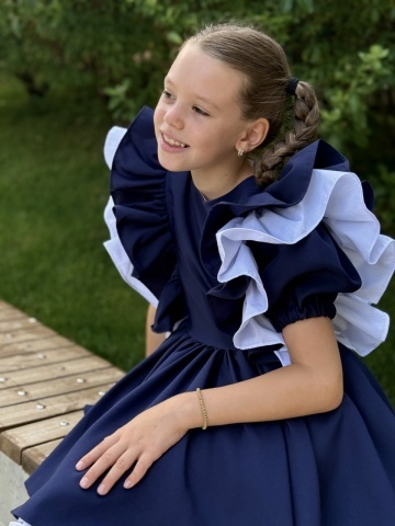 Rochie uniformă școlară fete bleumarin cu volane și căptușeală din bumbac – Academy Look - Img 5
