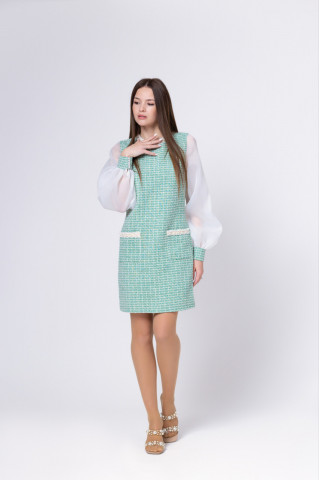 Rochie verde eleganta din tweed cu maneci bufante de organza, Julia - Img 5