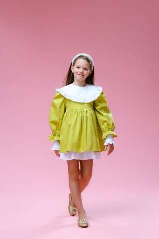 Rochie verde fete bumbac 100% cu maneci bufante si guler detasabil, Muse - Img 4