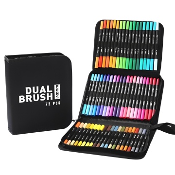 Set carioci pe baza de apa, 2 in 1, pentru pictura, caligrafie, 72 culori, corp carioca negru, 24.5x18.5x5 cm, multicolor