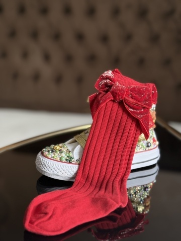 Șosete lungi din bumbac copii 0-8 ani, de Crăciun, cu fundițe roșii, verzi sau crem, Merry - Img 2
