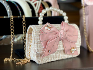 Beige Girls’ Handbag with Oversized Pink Bow, Bow - Img 3