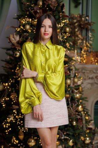 Camasa din satin oversize, cu maneci stil fluture, Yellow-lime