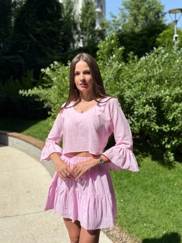 Compleu damă vară bumbac roz – fustă lejeră și crop top cu volane, Rozalia - Img 6