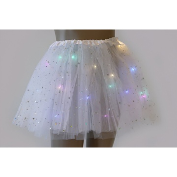 Fusta led pentru copii, tutu de balet pentru fetite cu luminite multicolore incorporate, model stelute, 30 cm lungime, Alb - Img 2